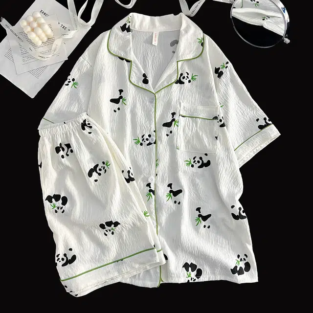 夏芬妍 柔软舒适卡通竹叶熊猫云朵棉翻领开衫家居服亲肤休闲短袖三件套时尚可外穿睡衣套装 女款 杏色