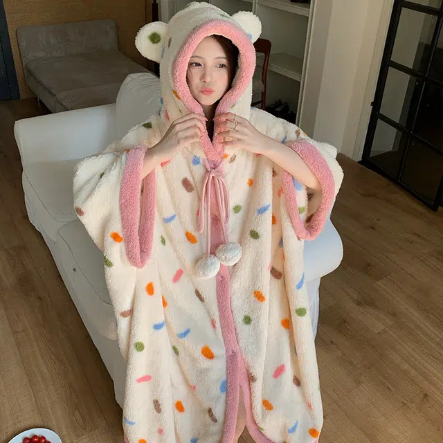 夏芬妍 柔软亲肤时尚彩点卡通连帽保暖长袖可外穿睡袍 女款 粉白色