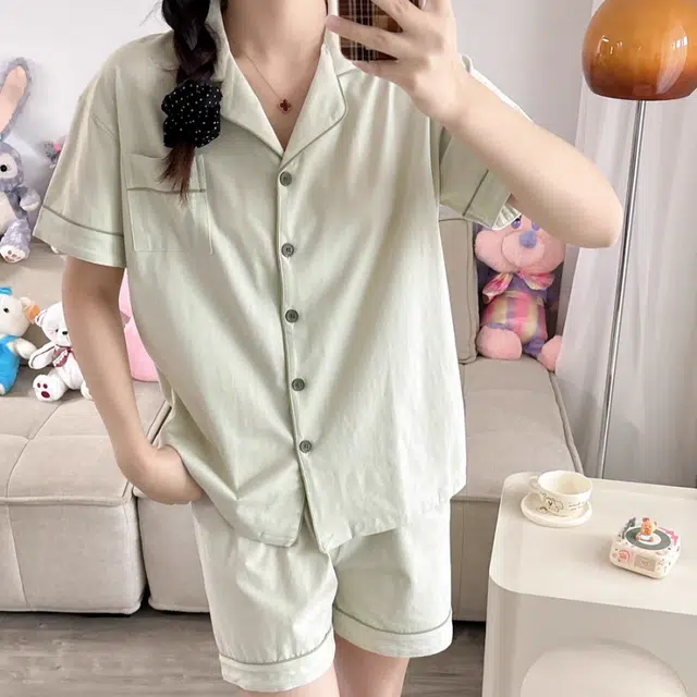 夏芬妍 简约休闲舒适时尚纯色纯棉翻领家居服亲肤宽松短袖短裤可外穿睡衣套装 女款
