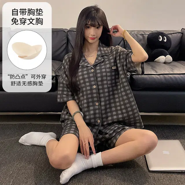 夏芬妍 柔软舒适休闲格子翻领开衫短袖亲肤时尚可外穿家居服睡衣套装 男女同款 灰棕色