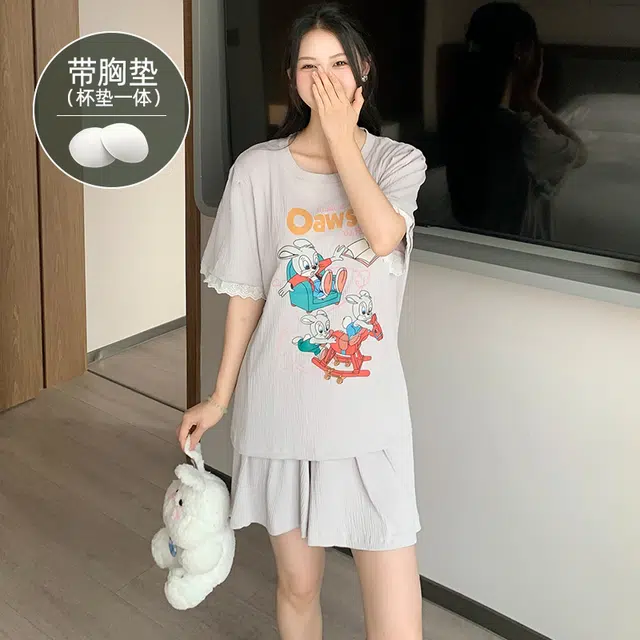 夏芬妍 柔软舒适慵懒风卡通兔子圆领家居服亲肤休闲带胸垫短袖短裤时尚可外穿睡衣套装 女款 灰色