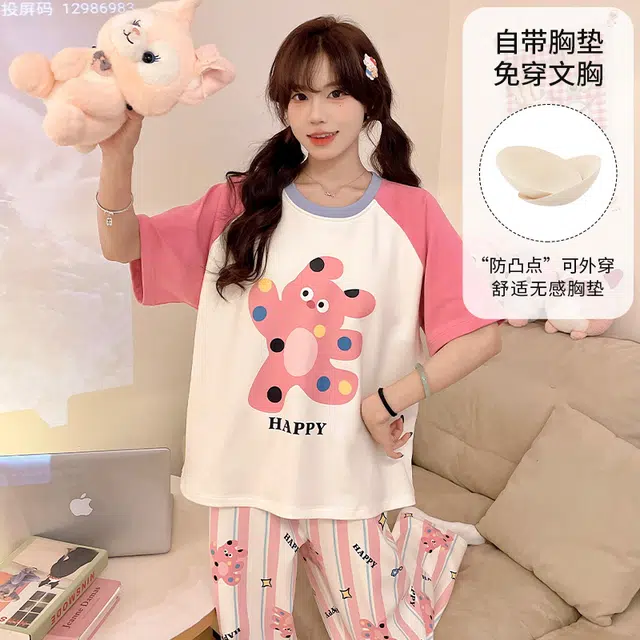 夏芬妍 柔软舒适休闲圆领条纹卡通带胸垫短袖长裤时尚可外穿家居服睡衣套装 女款 粉色