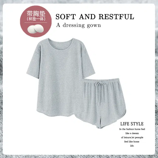 夏芬妍 柔软舒适慵懒风纯色圆领家居服亲肤休闲带胸垫短袖短裤时尚可外穿睡衣套装 女款 浅灰色