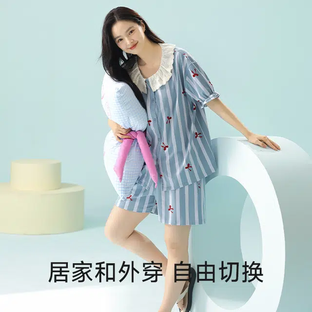 夏芬妍 柔软舒适透气翻领亲肤条纹家居服休闲短袖上衣可外穿三分裤睡衣套装 女款 蓝色