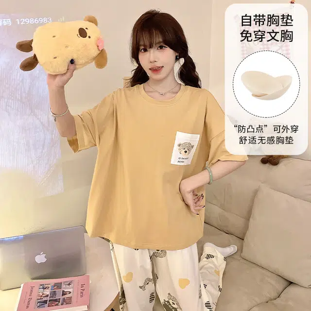 夏芬妍 柔软舒适休闲爱心小熊圆领带胸垫短袖长裤时尚可外穿家居服睡衣套装 女款 黄色
