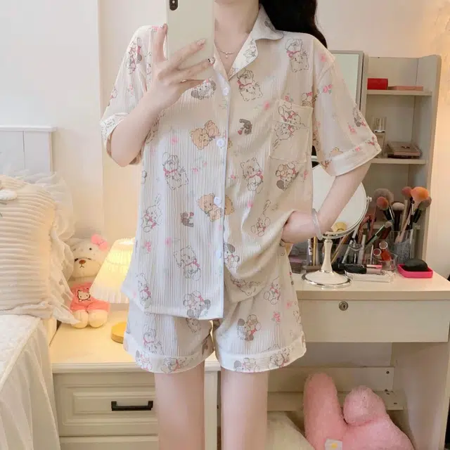 夏芬妍 柔软舒适可爱小猫咪云朵棉翻领开衫家居服亲肤休闲短袖短裤可外穿睡衣套装 女款 杏色