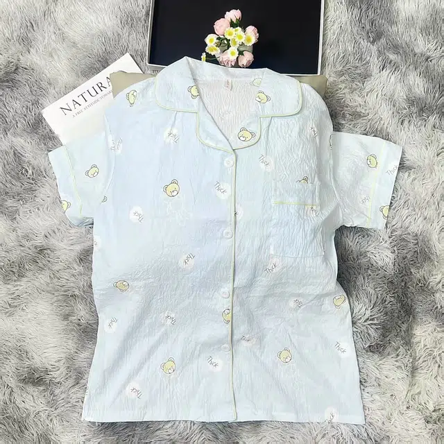 夏芬妍 简约卡通满印圆点小熊翻领云朵棉短袖长裤家居服可爱舒适休闲可外穿睡衣套装 女款 蓝色