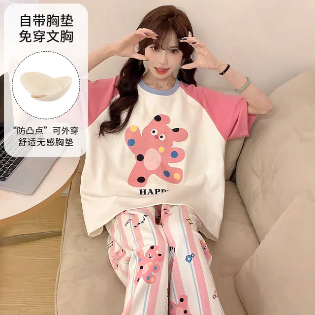 夏芬妍 柔软舒适休闲圆领条纹卡通带胸垫短袖长裤时尚可外穿家居服睡衣套装 女款 粉色