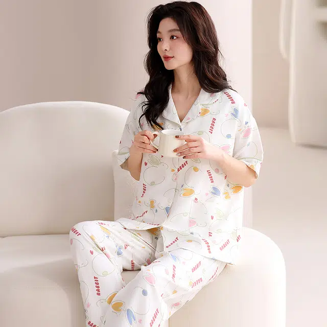 夏芬妍 甜美可爱缤纷兔子云朵棉舒适亲肤宽松凉感短袖三件套时尚翻领带胸垫可外穿家居服睡衣套装 女款 杏色