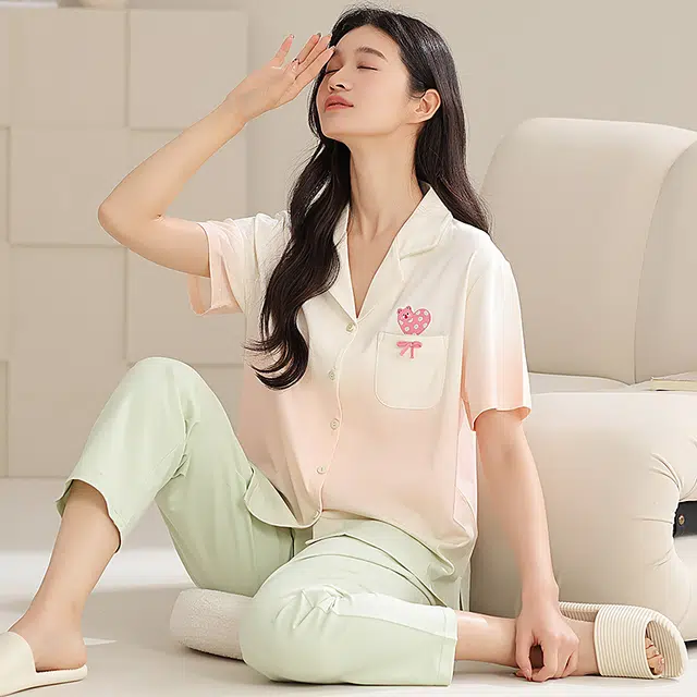 夏芬妍 时尚柔软亲肤爱心渐变色翻领开衫家居服简约休闲舒适短袖长裤可外穿睡衣套装 女款 渐变绿