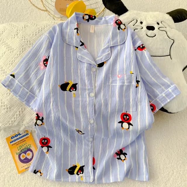 夏芬妍 柔软舒适趣味企鹅云朵棉翻领开衫家居服亲肤休闲短袖短裤可外穿睡衣套装 女款 蓝色