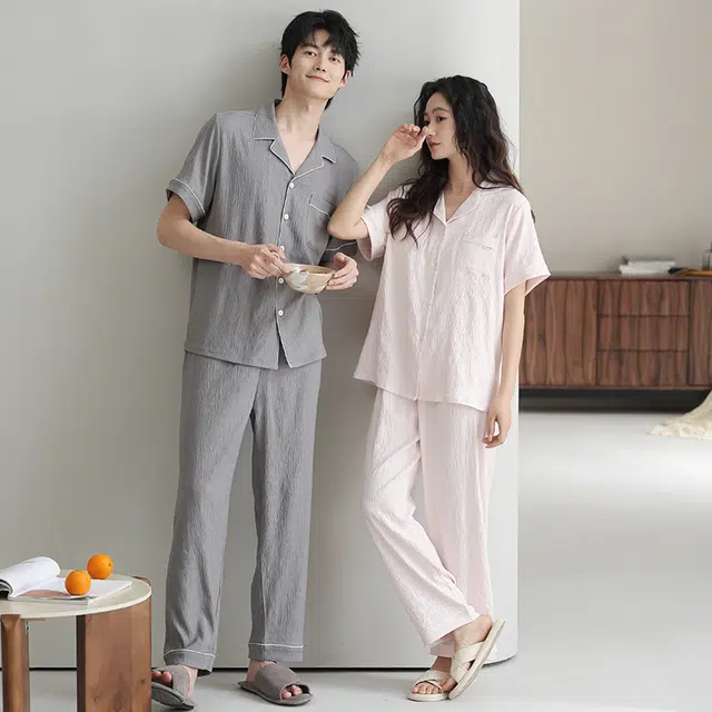 夏芬妍 柔软舒适纯色云朵棉翻领开衫家居服休闲亲肤时尚可外穿短袖长裤睡衣套装 男女同款