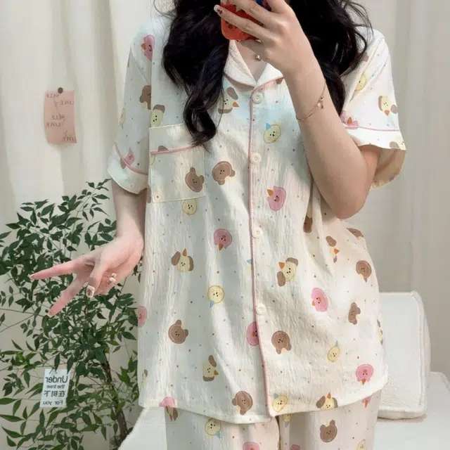 夏芬妍 柔软舒适戴帽小狗云朵棉翻领开衫家居服亲肤休闲短袖三件套时尚可外穿睡衣套装 女款 杏色