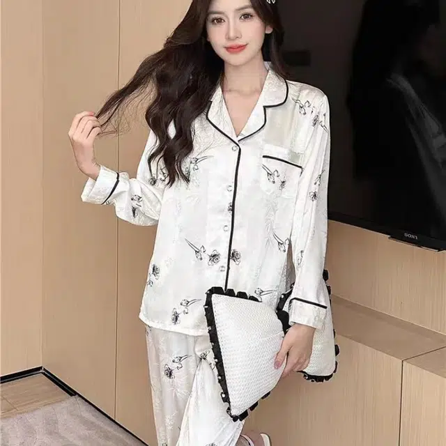 夏芬妍 简约休闲翻领家居服舒适亲肤长袖长裤可外穿睡衣套装 女款 白色