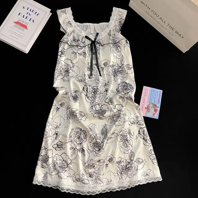夏芬妍 舒适丝滑柔软国风水墨花卉吊带带胸垫冰丝家居服休闲时尚可外穿睡裙 女款