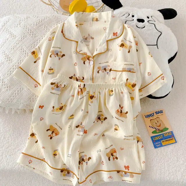 夏芬妍 柔软舒适欢乐腊肠狗云朵棉翻领开衫家居服亲肤休闲短袖短裤可外穿睡衣套装 女款 杏色