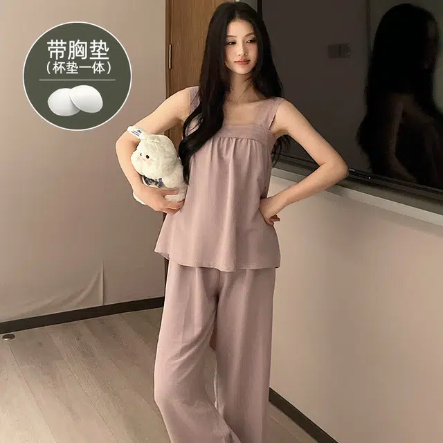夏芬妍 柔软舒适慵懒风纯色云朵棉家居服亲肤休闲吊带带胸垫长裤时尚可外穿睡衣套装 女款 藕粉色