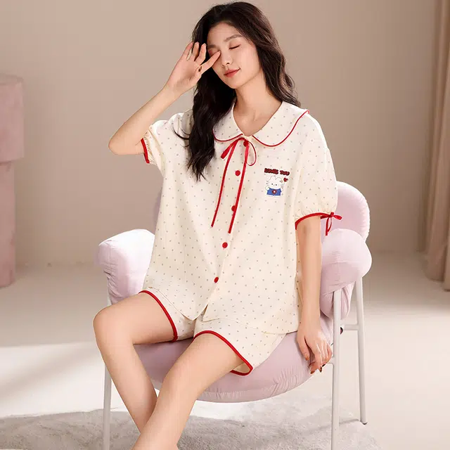 夏芬妍 甜美可爱波点爱心小兔舒适亲肤宽松短袖短裤时尚翻领可外穿家居服睡衣套装 女款 杏色