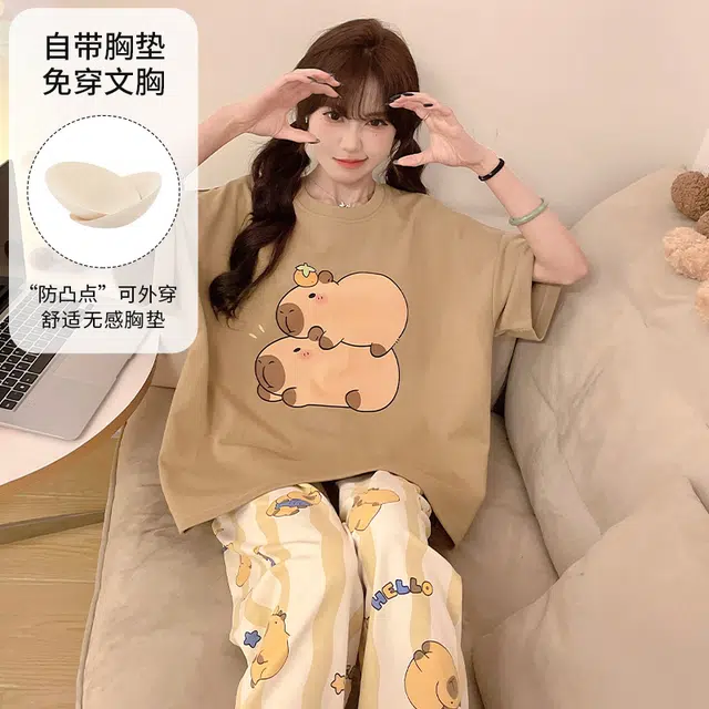 夏芬妍 柔软舒适休闲圆领条纹趴趴狗带胸垫短袖长裤时尚可外穿家居服 睡衣套装 女款 浅棕色