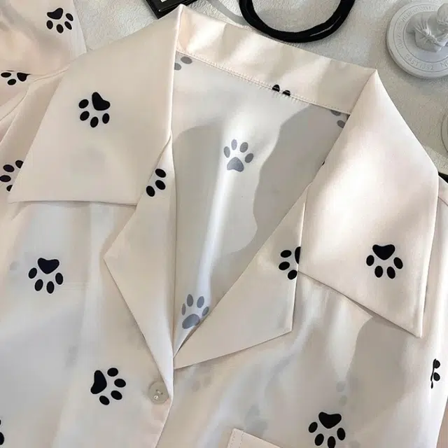夏芬妍 简约高级感猫咪小爪冰雪丝翻领家居服舒适亲肤宽松短袖三件套可外穿睡衣套装 女款
