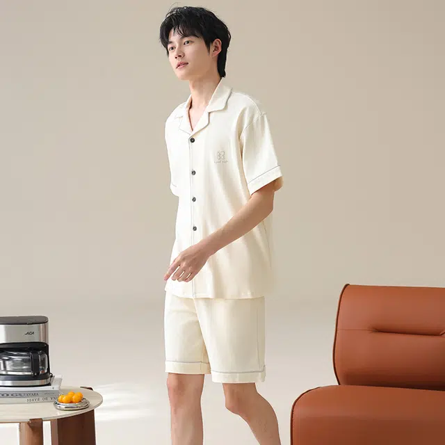 夏芬妍 简约舒适柔软高级感纯色纯棉翻领开衫家居服亲肤休闲短袖短裤时尚可外穿睡衣套装 男款 杏色