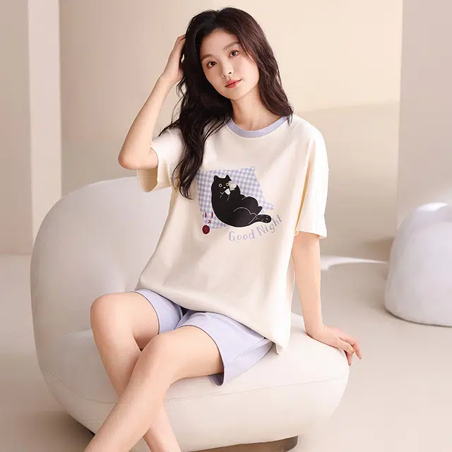 夏芬妍 简约休闲熬夜小猫舒适亲肤宽松短袖短裤时尚圆领可外穿家居服睡衣套装 女款 杏色