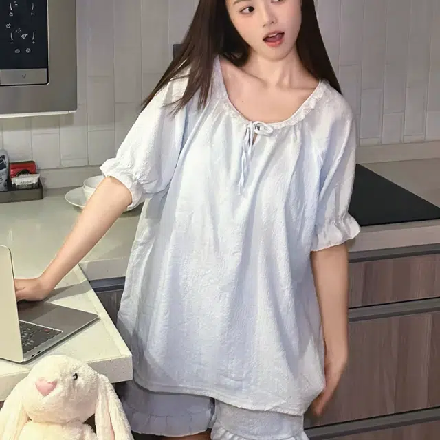 夏芬妍  甜美可爱少女粉蕾丝木耳边圆领短袖短裤家居服舒适柔软休闲带胸垫可外穿睡衣套装 女款