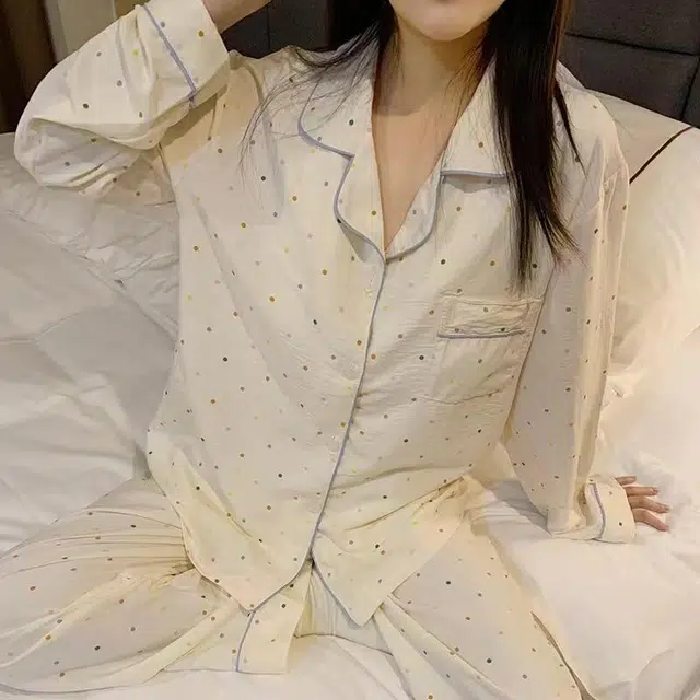 夏芬妍 柔软舒适彩色波点云朵棉开衫家居服亲肤休闲长袖长裤可外穿春秋款睡衣套装 女款 杏色