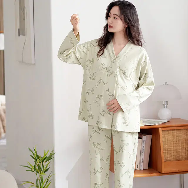 夏芬妍 舒适亲肤竹子满印带胸垫家居服休闲宽松长袖长裤可外穿产前产后月子服睡衣套装 女款 绿色