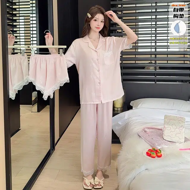 夏芬妍 甜美休闲气质高级感蝴蝶蕾丝冰丝翻领带胸垫家居服舒适亲肤宽松短袖三件套可外穿睡衣套装 女款