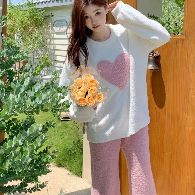 夏芬妍 简约甜美柔软亲肤爱心半边绒家居服蓄温保暖长袖长裤可外穿睡衣套装 女款 粉色