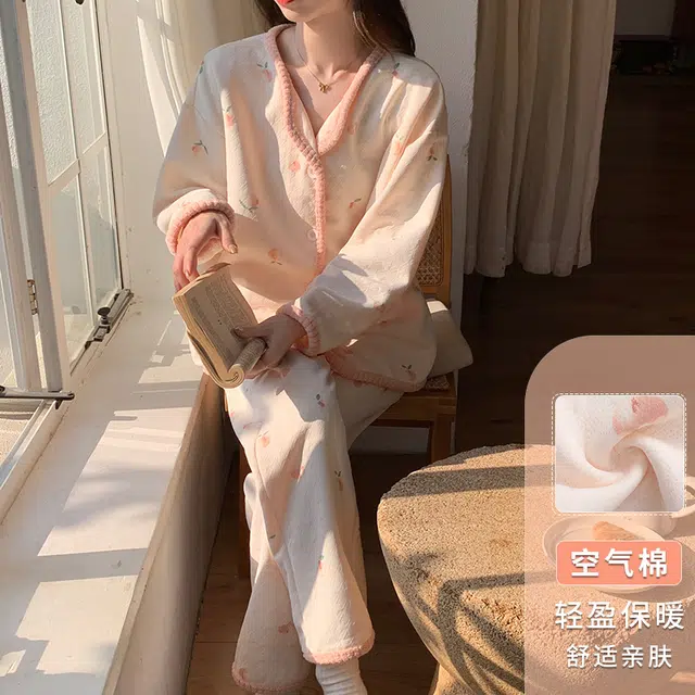 夏芬妍 小清新柔软亲肤开衫家居服加厚保暖蓄温长袖长裤可外穿睡衣套装 女款 粉色
