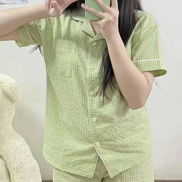 夏芬妍  简约休闲舒适时尚纯色纯棉翻领家居服亲肤宽松短袖短裤可外穿睡衣套装 女款 绿色