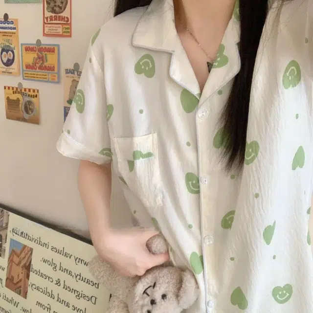 夏芬妍 柔软舒适爱心笑脸云朵棉翻领开衫家居服亲肤休闲短袖短裤时尚可外穿睡衣套装 女款 杏色