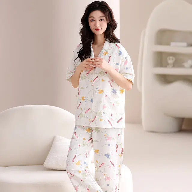 夏芬妍 甜美可爱缤纷兔子云朵棉舒适亲肤宽松凉感短袖三件套时尚翻领带胸垫可外穿家居服睡衣套装 女款 杏色
