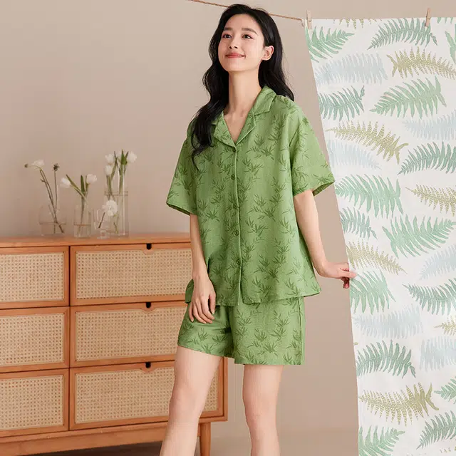 夏芬妍 甜美可爱印花云朵棉舒适亲肤休闲凉感短袖短裤时尚开衫可外穿家居服睡衣套装 女款 绿色