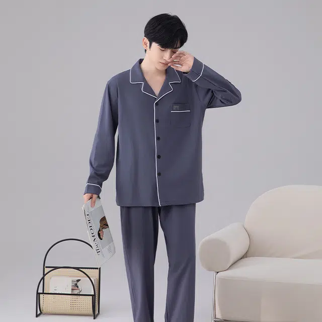 夏芬妍 简约优雅舒适贴袋翻领带胸垫开衫家居服休闲长袖长裤可外穿睡衣礼盒 男款 藏青色