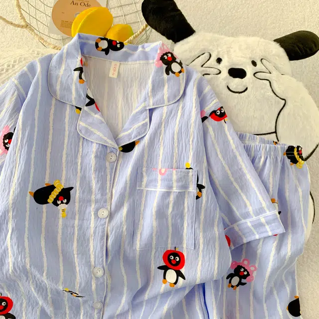 夏芬妍 柔软舒适趣味企鹅云朵棉翻领开衫家居服亲肤休闲短袖短裤可外穿睡衣套装 女款 蓝色