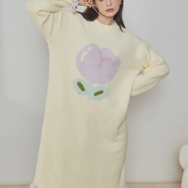 夏芬妍 简约甜美柔软亲肤郁金香花边半边绒家居服蓄温保暖长袖可外穿睡裙 女款 黄色