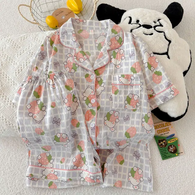 夏芬妍 柔软舒适格子草莓兔云朵棉翻领开衫家居服亲肤休闲短袖短裤休闲可外穿睡衣套装 女款