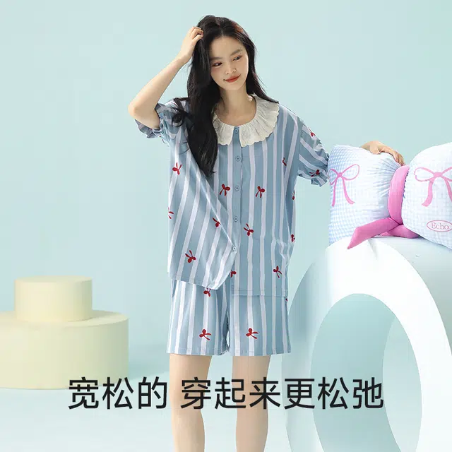 夏芬妍 柔软舒适透气翻领亲肤条纹家居服休闲短袖上衣可外穿三分裤睡衣套装 女款 蓝色