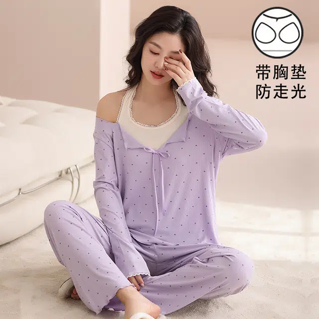 夏芬妍 时尚舒适柔软甜美假两件小爱心带胸垫家居服简约休闲亲肤宽松长袖长裤可外穿睡衣套装 女款 紫色