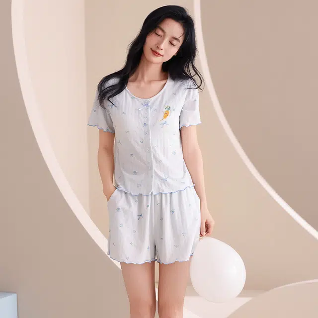 夏芬妍 甜美柔软舒适碎花蝴蝶结卡通圆领带胸垫开衫家居服凉感透气亲肤宽松短袖短裤可外穿睡衣套装 女款 蓝色
