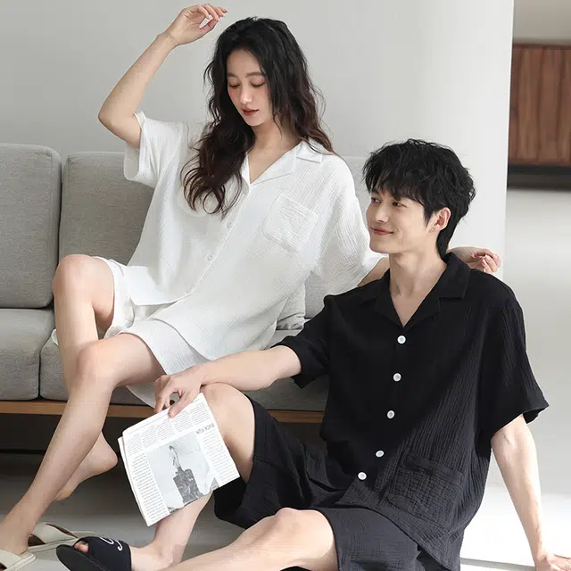 夏芬妍 休闲舒适纯色双层纱婴儿棉翻领开衫家居服柔软亲肤时尚可外穿短袖短裤睡衣套装 男女同款