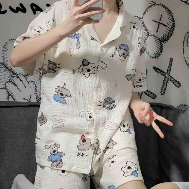 夏芬妍 甜美休闲舒适时尚萌趣小狗双层棉纱翻领家居服亲肤宽松短袖短裤可外穿睡衣套装 女款 杏色