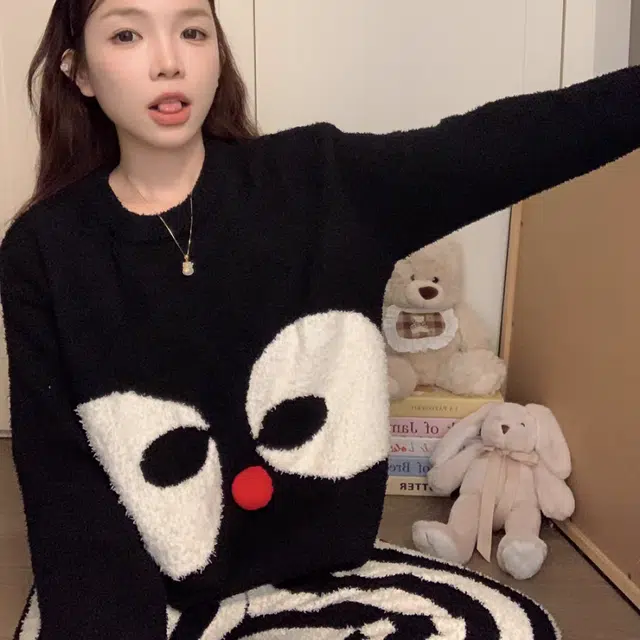 夏芬妍 简约甜美柔软亲肤可爱大眼竖纹裤半边绒家居服加绒加厚蓄温保暖长袖长裤可外穿秋冬款睡衣套装 女款 黑色