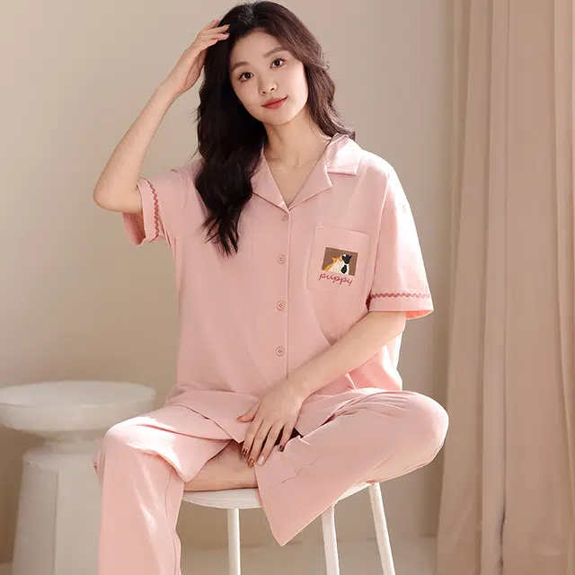 夏芬妍 简约时尚柔软舒适纯色可爱猫咪翻领家居服亲肤休闲短袖长裤可外穿睡衣套装 男女同款