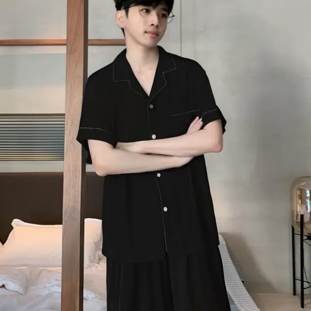 夏芬妍 简约休闲百搭纯色舒适亲肤短袖时尚翻领可外穿家居服睡衣套装 男款 黑色