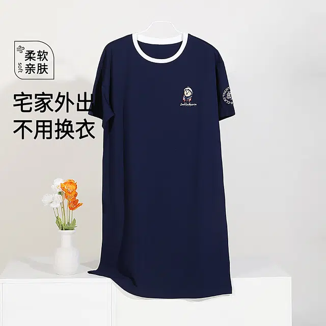 夏芬妍 时尚柔软亲肤海军小熊圆领家居服简约休闲舒适短袖睡衣可外穿睡裙 女款 深蓝色