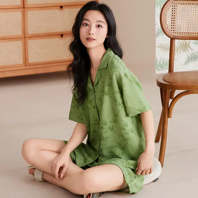 夏芬妍 甜美可爱印花云朵棉舒适亲肤休闲凉感短袖短裤时尚开衫可外穿家居服睡衣套装 女款 绿色
